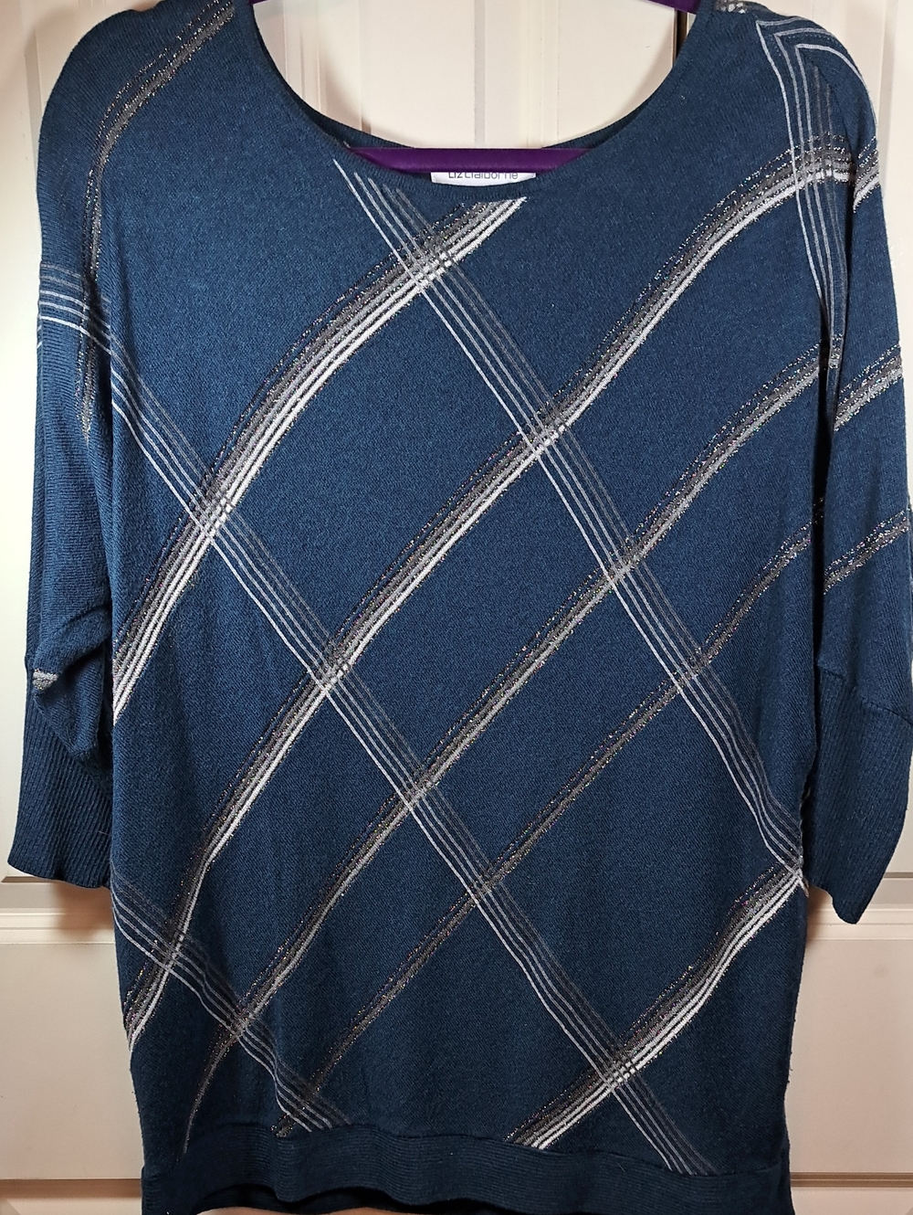 Liz Claiborne Blue Metallic-Striped Scoop Neck Sweater